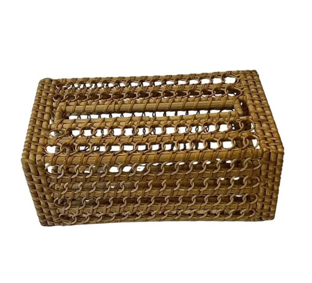 Vintage Wicker Tissue Box Cover Rattan Rectangle Boho Farmhouse Cottage Long
